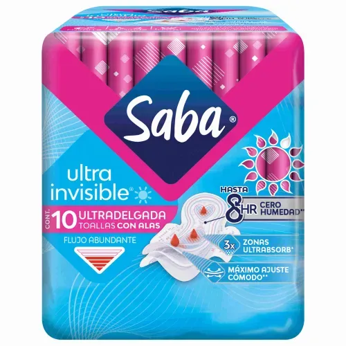 Toallas Femeninas Saba Ultra Invisibles Día con alas Flujo abundante - 10 piezas